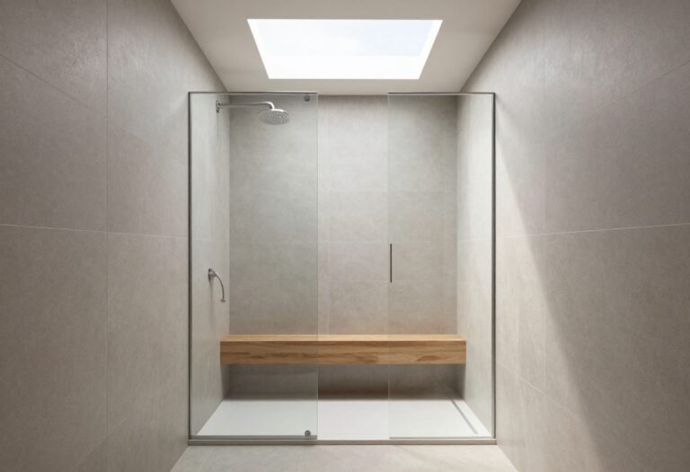 Modern master shower with large-format gray tiles and glass enclosure