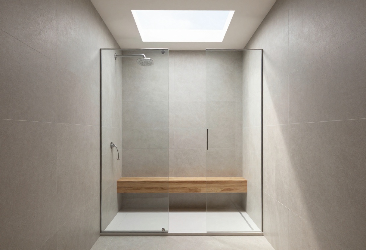 Modern master shower with large-format gray tiles and glass enclosure