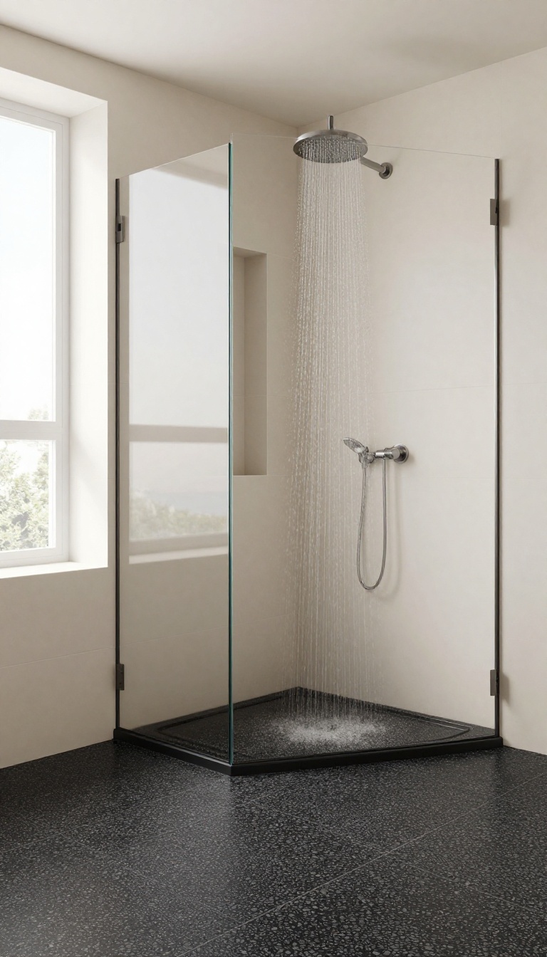 Modern shower with black pebble floor and light walls