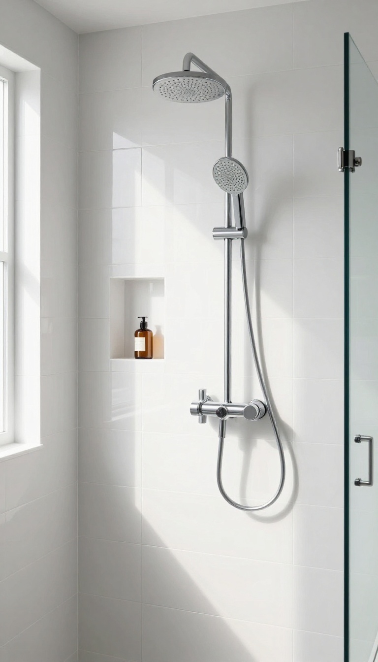 Glossy white vertical tiles in a shower reflecting light to create a bright, airy bathroom space.