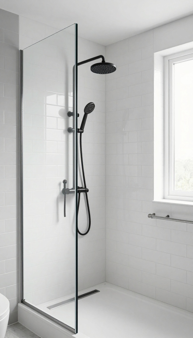 Modern bathroom with matte black shower head and brushed nickel accents, bright natural light, clean minimal design