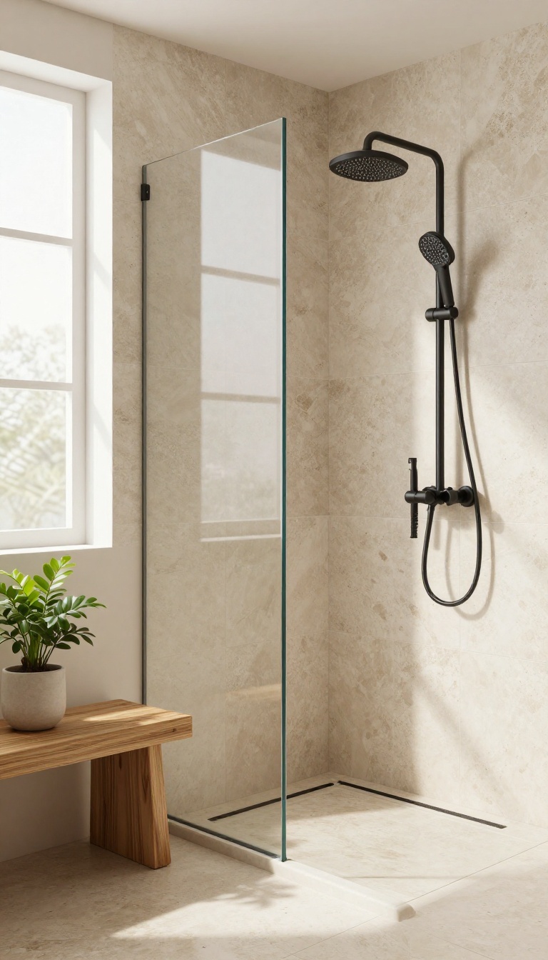 Large travertine tiles in a warm, spa-like shower with teak bench and matte black fixtures.