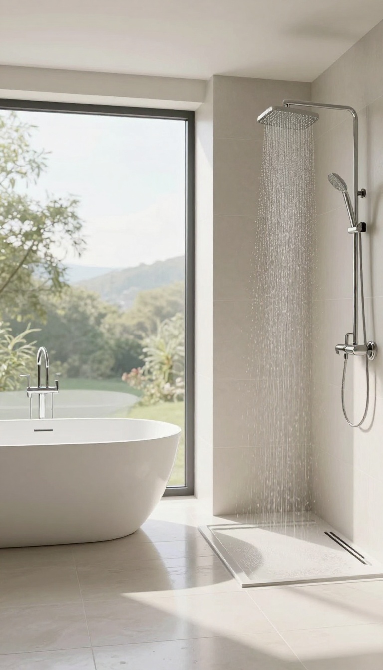 Wet room with freestanding tub and open shower in a bright, modern bathroom