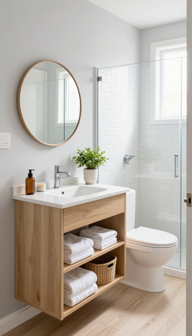 Small bathroom with floating vanity and open shelving, light wood and white tones, bright natural light
