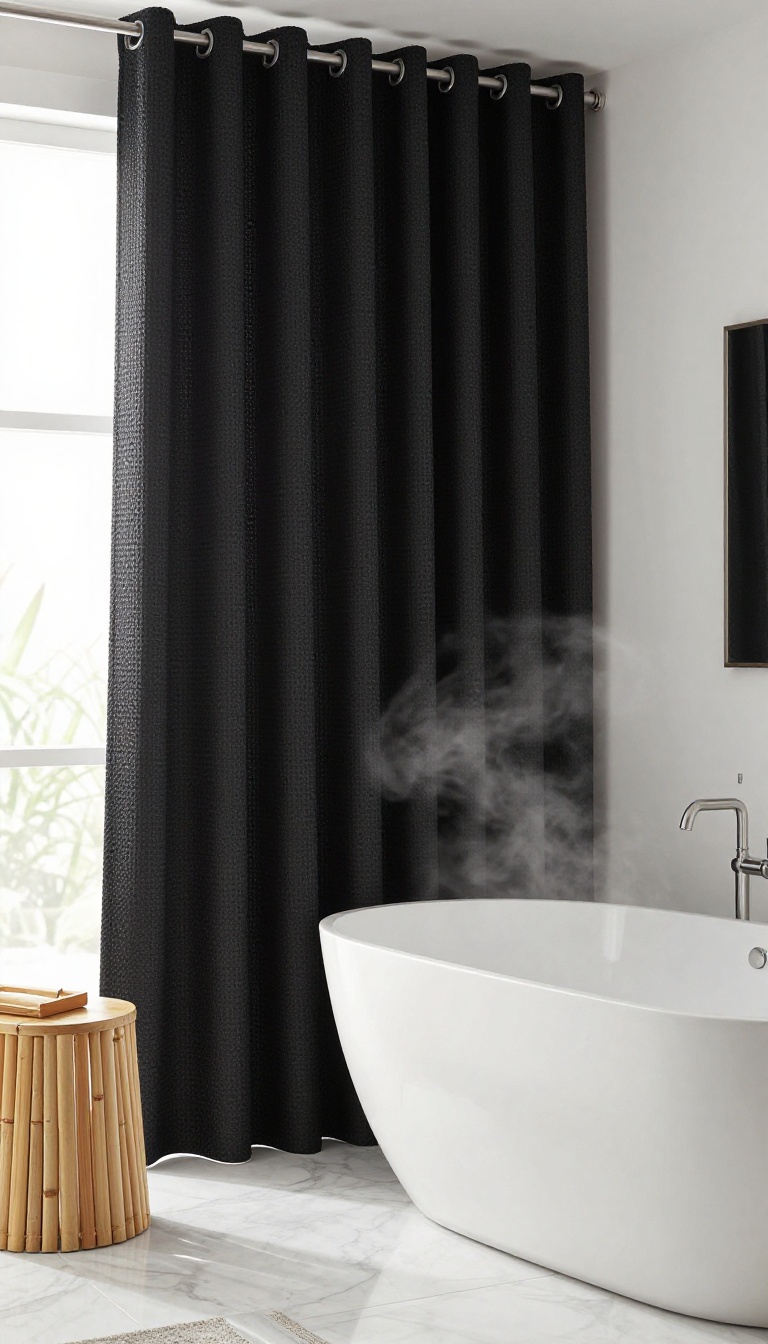 Black waffle weave shower curtain in a spa-like bathroom with wooden accents and soft natural light