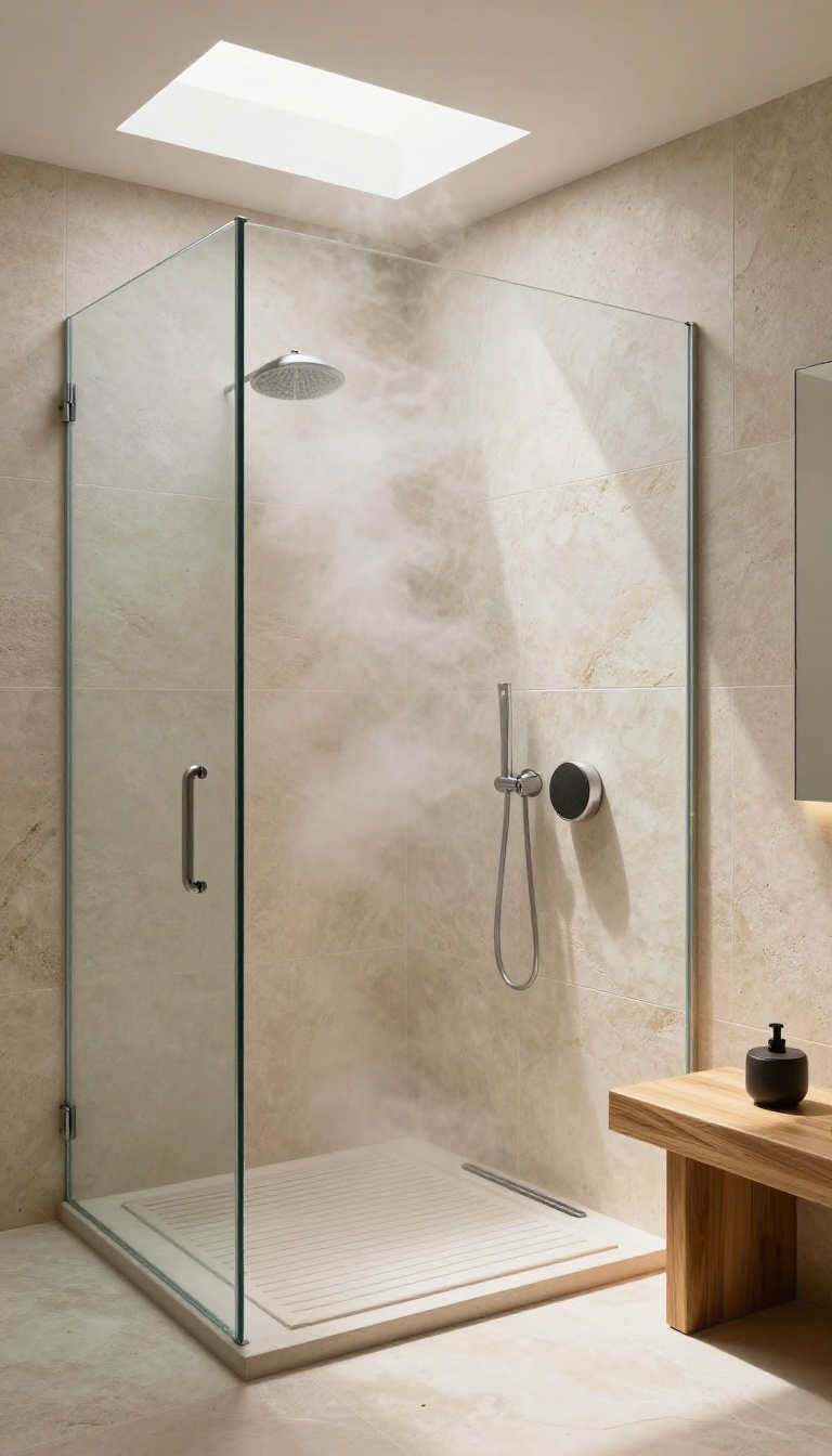 Luxurious steam shower with built-in waterproof speakers, natural stone and wood finishes, soft steam and natural light