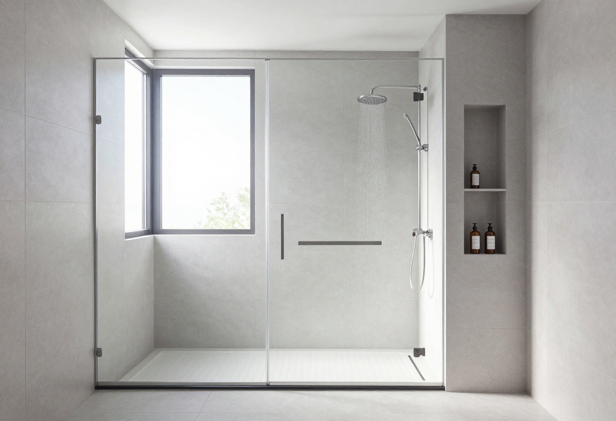 Modern shower stall with rainfall showerhead and frameless glass