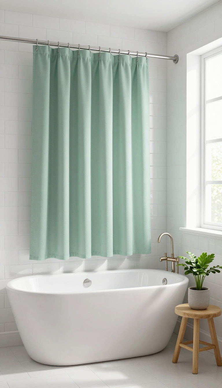 Soft sage green pastel shower curtain in a bright bathroom with white fixtures and natural wood accents