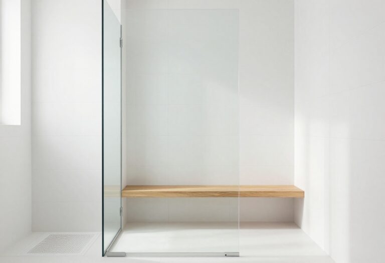 Modern small shower with large white tiles and glass door