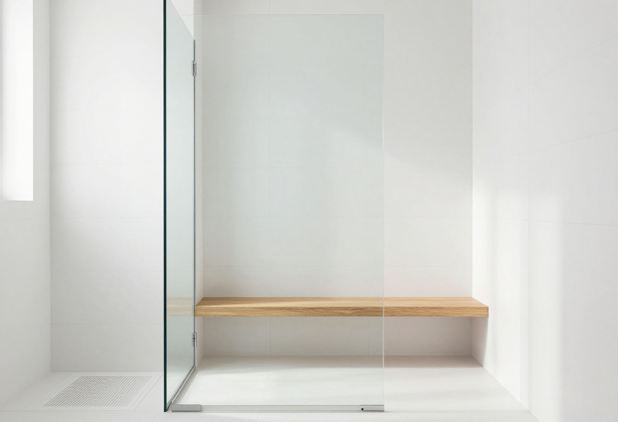 Modern small shower with large white tiles and glass door