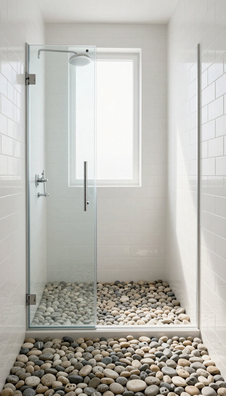 White subway tile shower with a pebble stone floor in a bright, spa-like bathroom