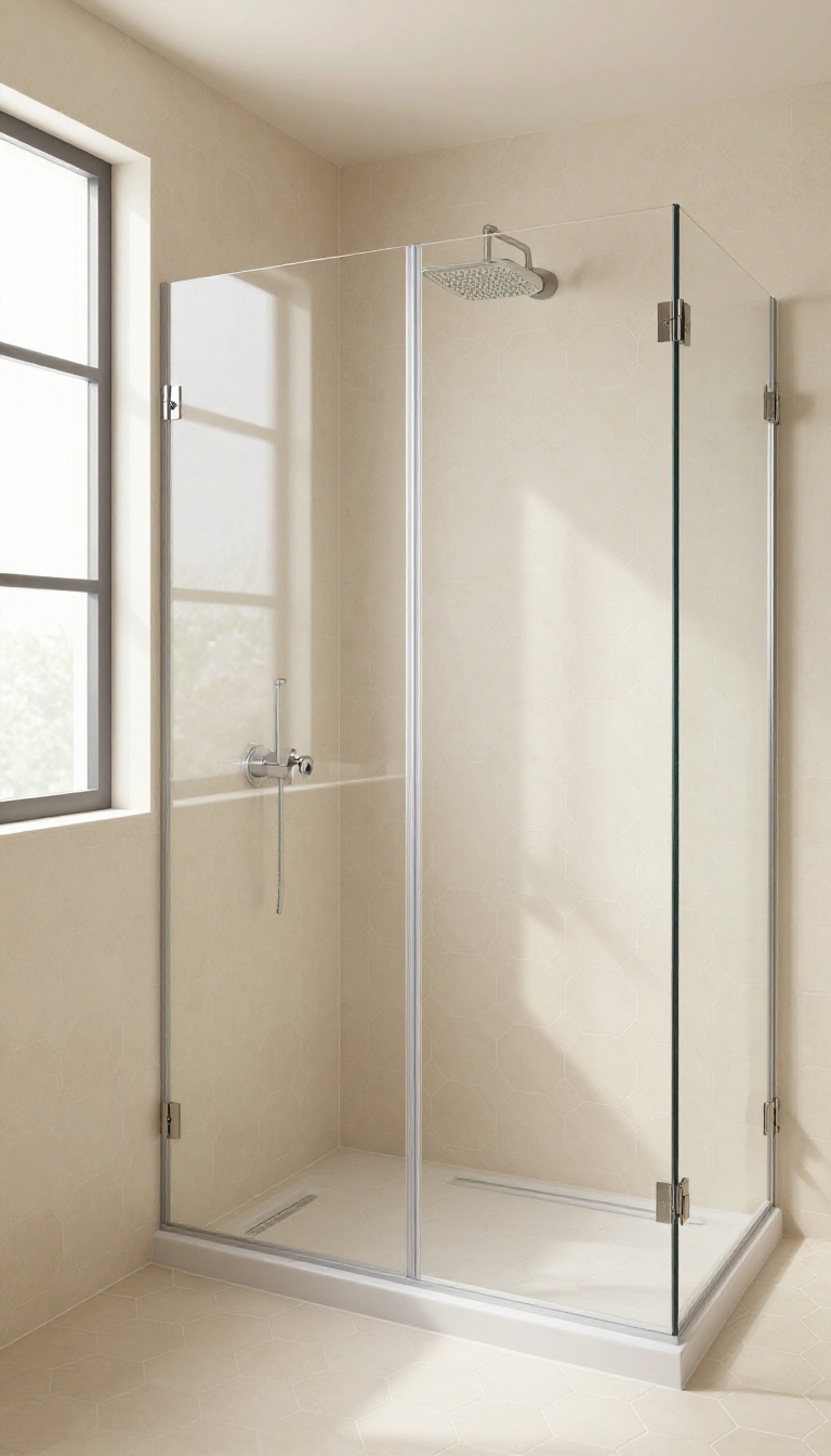 Large creamy hexagon tiles in a bright, airy shower with natural light and a rainfall showerhead