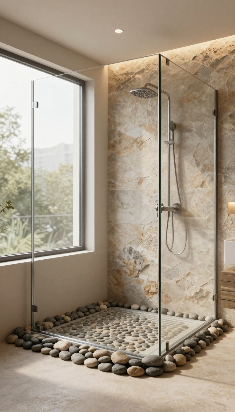 River rock shower curb with pebble floor in a modern bathroom