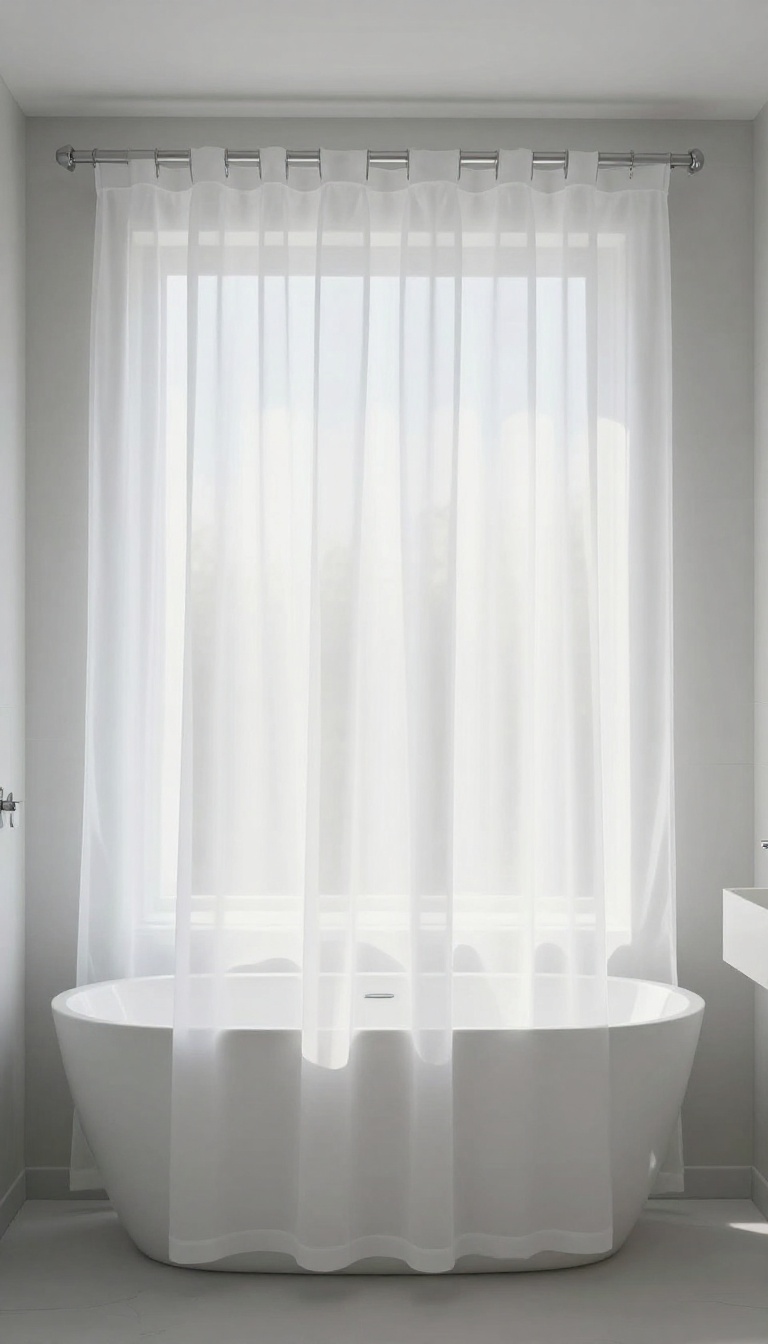Extra-long white shower curtain with weighted hem hanging straight in a bright bathroom