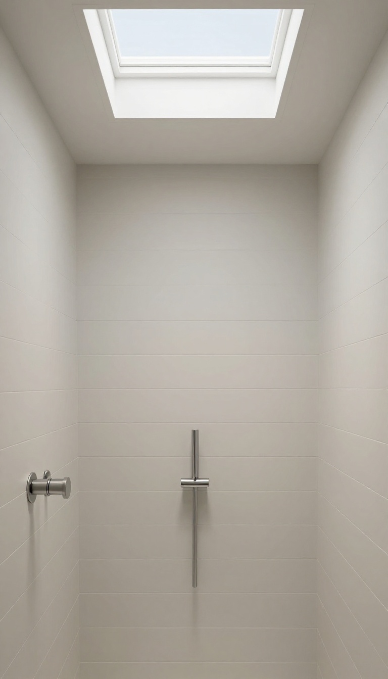Modern shower with white PVC shiplap ceiling and skylight