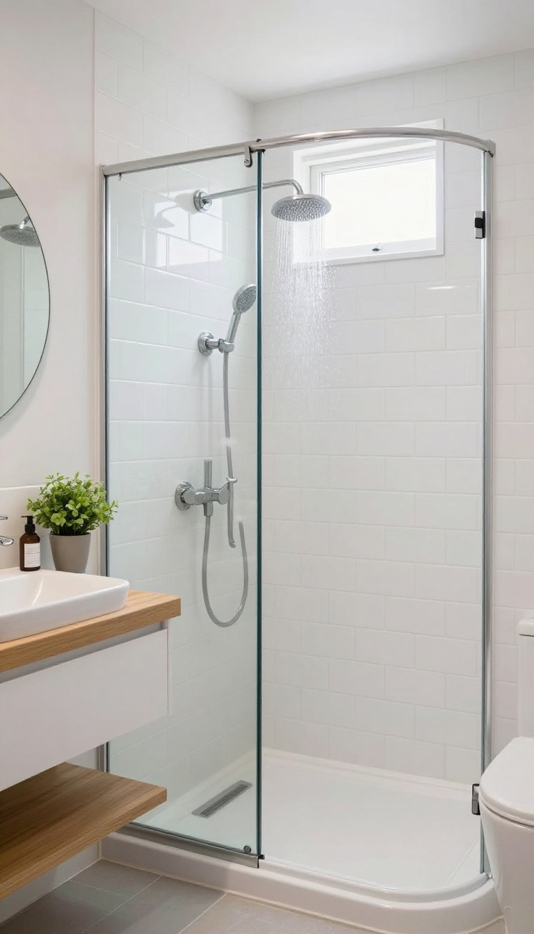 Corner walk-in shower with half-wall and glass panel in a bright, compact bathroom