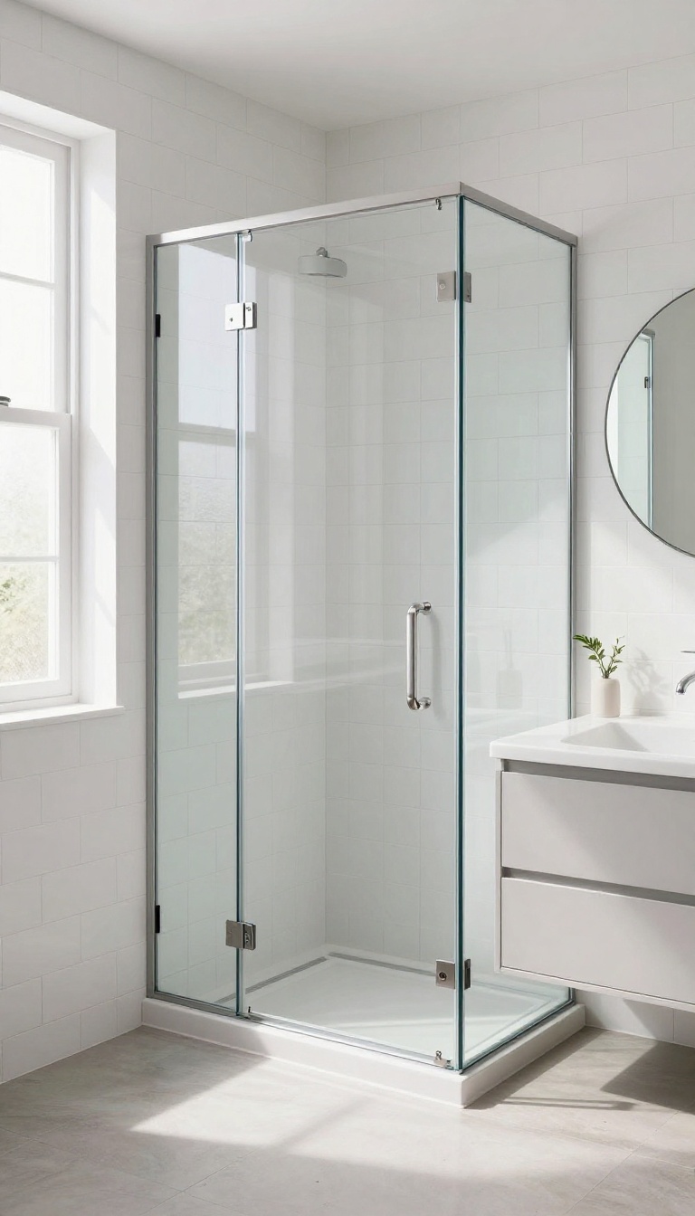 Frameless glass shower door in a small bright bathroom