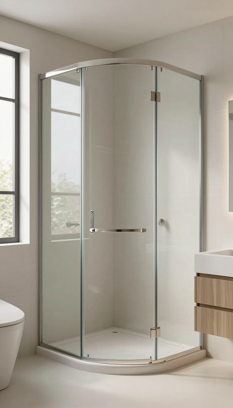 Modern bathroom with a curved glass shower enclosure, frameless design, soft natural light, spa-like ambiance