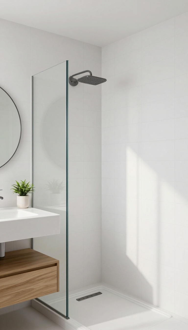 Bright small bathroom with large-format white tiles in shower, minimal grout lines, and a wooden vanity