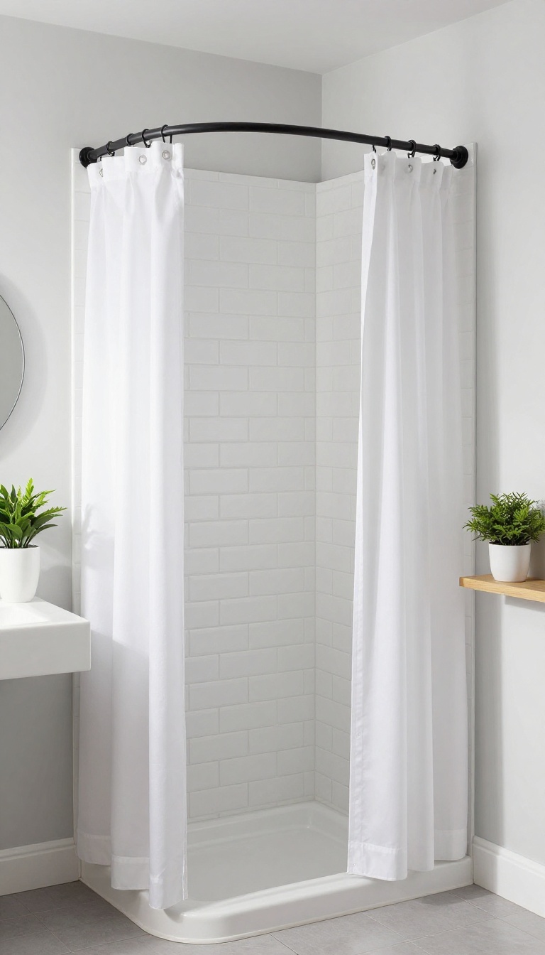Small bathroom with curved shower rod creating extra elbow room in a compact shower.