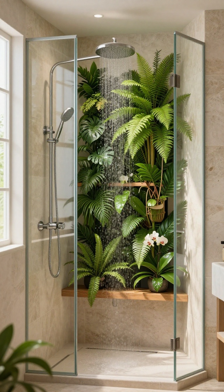 A spa shower filled with lush green plants, creating a fresh and calming atmosphere