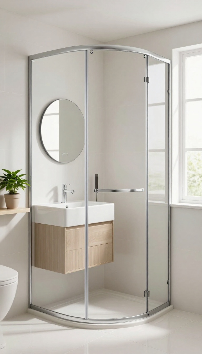A bright, modern bathroom with a corner shower enclosure maximizing space in a small layout.