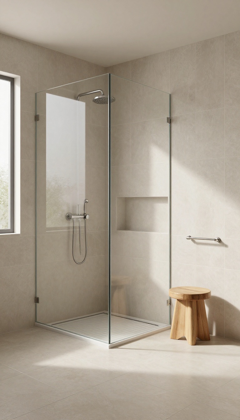 Bathroom shower with floor-to-ceiling neutral large-format tiles, glass enclosure, and linear drain in natural light