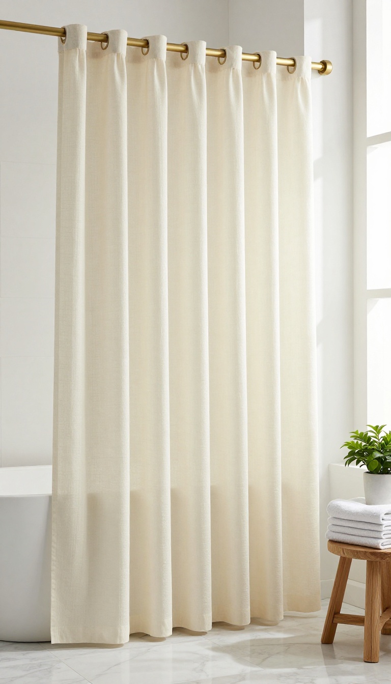 Long linen shower curtain hanging smoothly in a bright, minimalist bathroom
