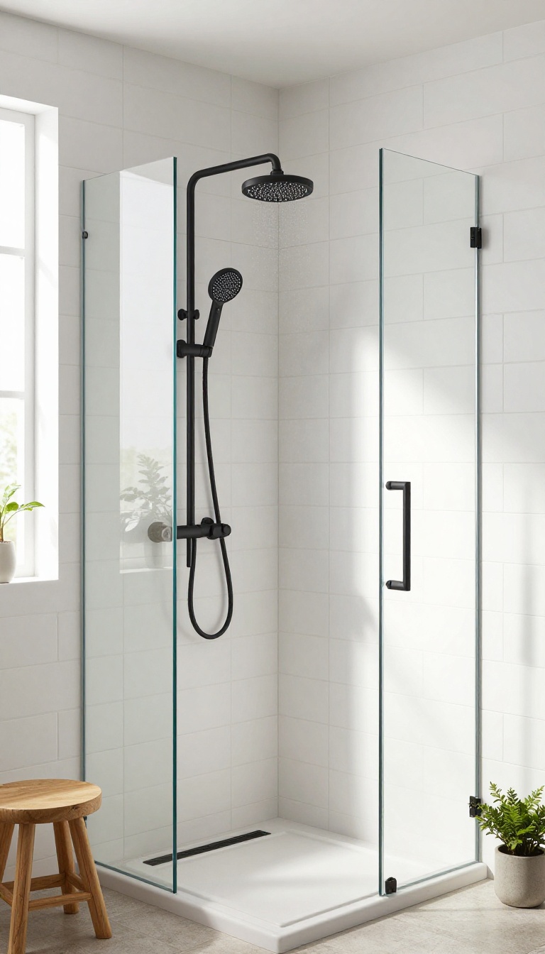 Modern bathroom shower with matte black fixtures against white subway tile