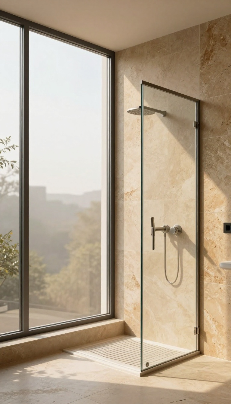 Modern bathroom shower with a large window framed in natural stone, sunlight streaming in and highlighting textures.