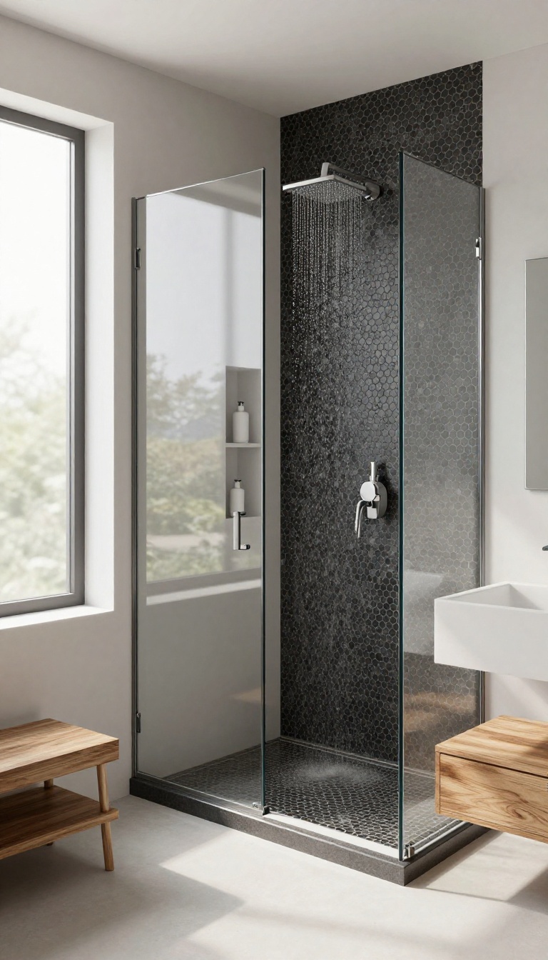 Modern bathroom shower with deep charcoal hexagon mosaic tiles and light grout, featuring a glass enclosure and natural light.
