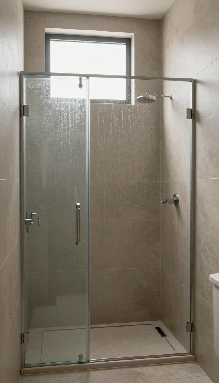 Bright shower interior with a high horizontal window providing natural light while maintaining privacy