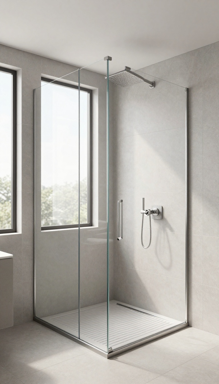 Modern curbless walk-in shower with linear drain and large-format tiles in a bright, minimalist bathroom