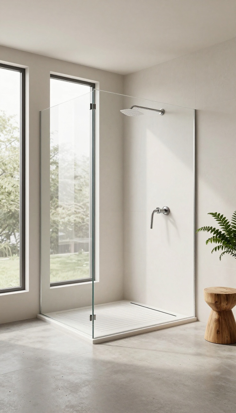 Curbless shower with seamless flow and linear drain in a modern bathroom