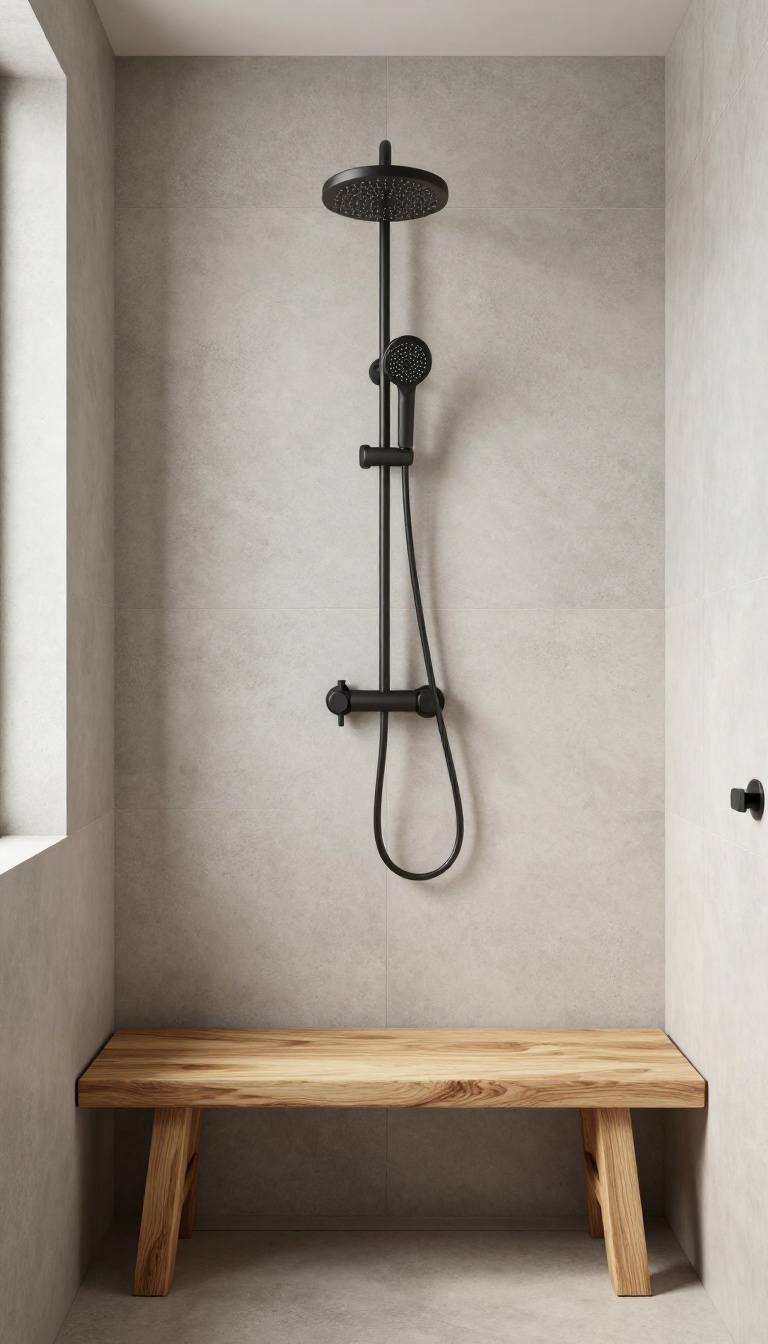 Modern bathroom shower with large greige concrete-look tiles, teak wood accents, and matte black fixtures.
