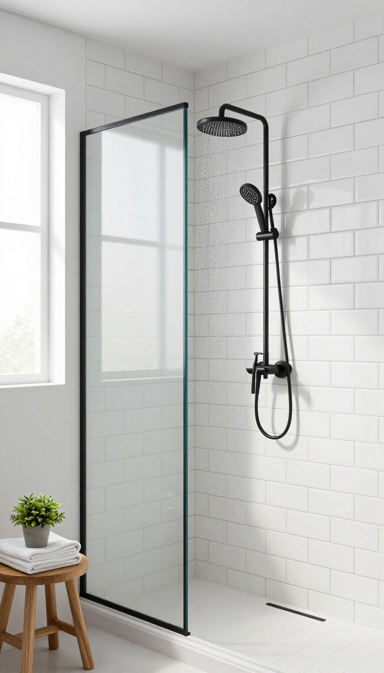 White subway tile shower with dark grout, matte black fixtures, and natural light