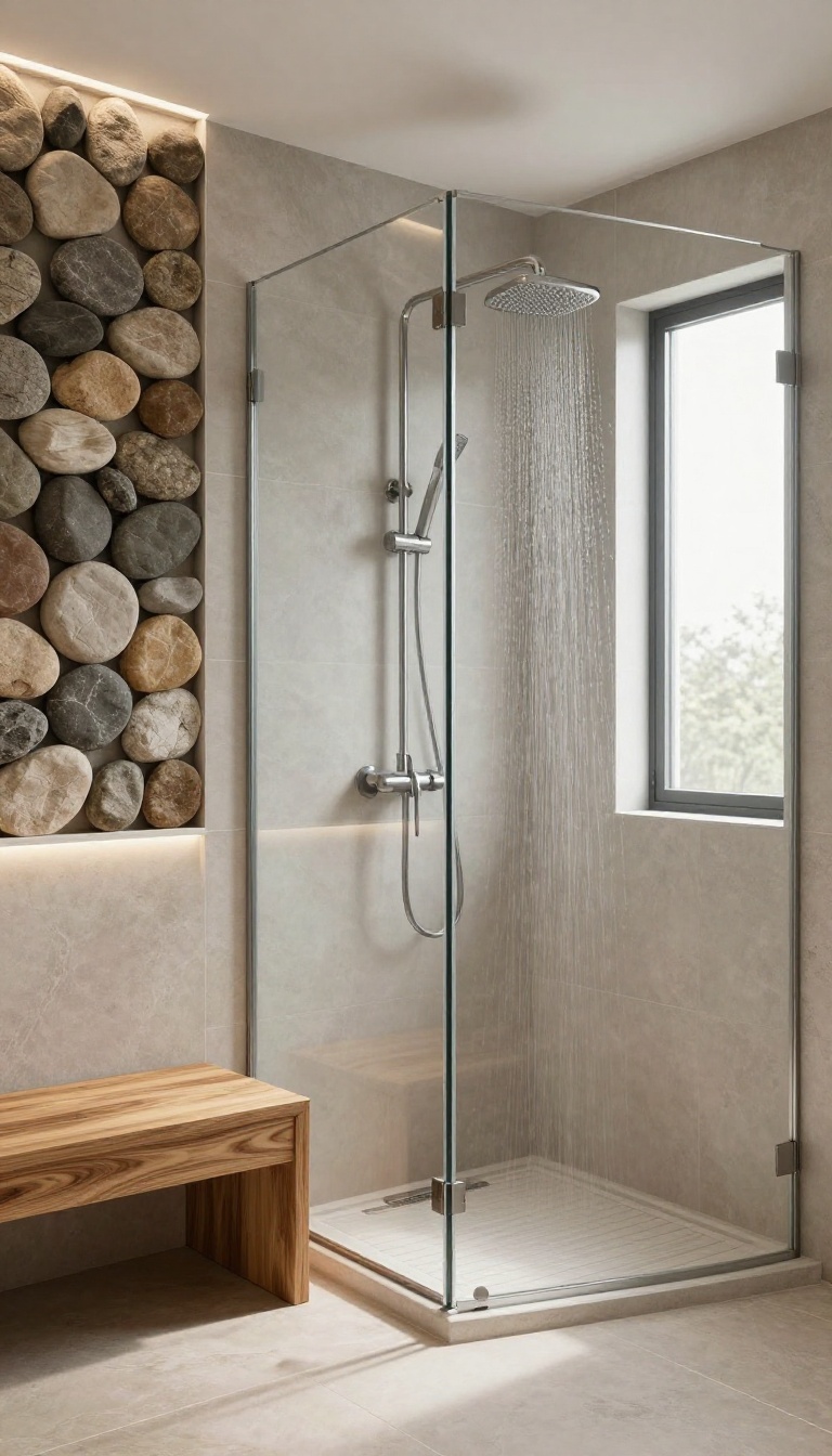River rock accent wall behind a teak bench in a modern shower