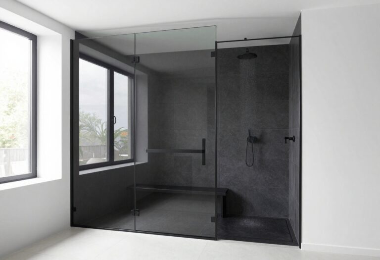 Modern black walk-in shower with frameless glass and matte black fixtures