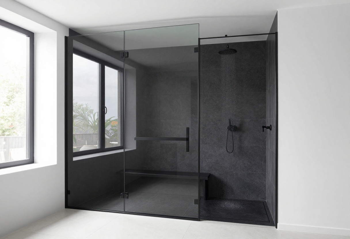 Modern black walk-in shower with frameless glass and matte black fixtures