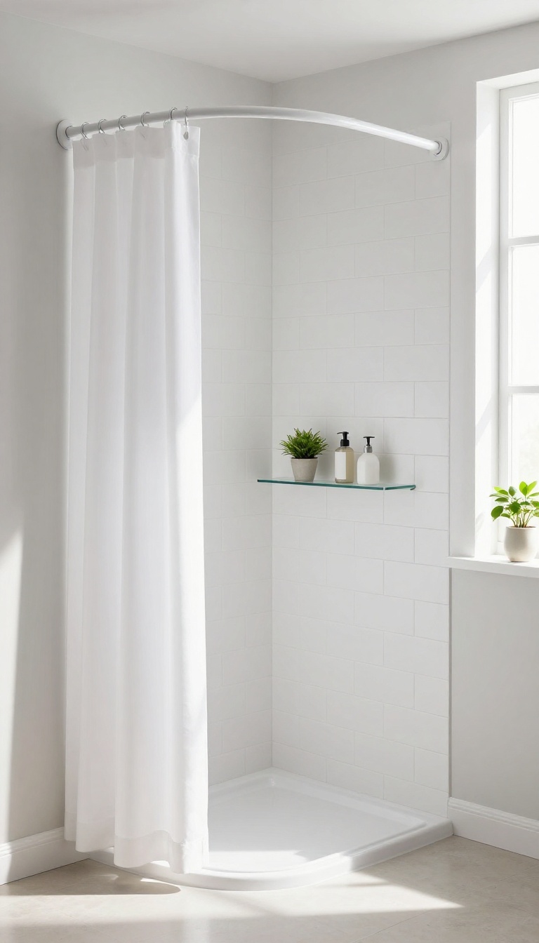 Small bathroom with a curved shower rod and white curtain, showcasing extra elbow room and bright, clean design.