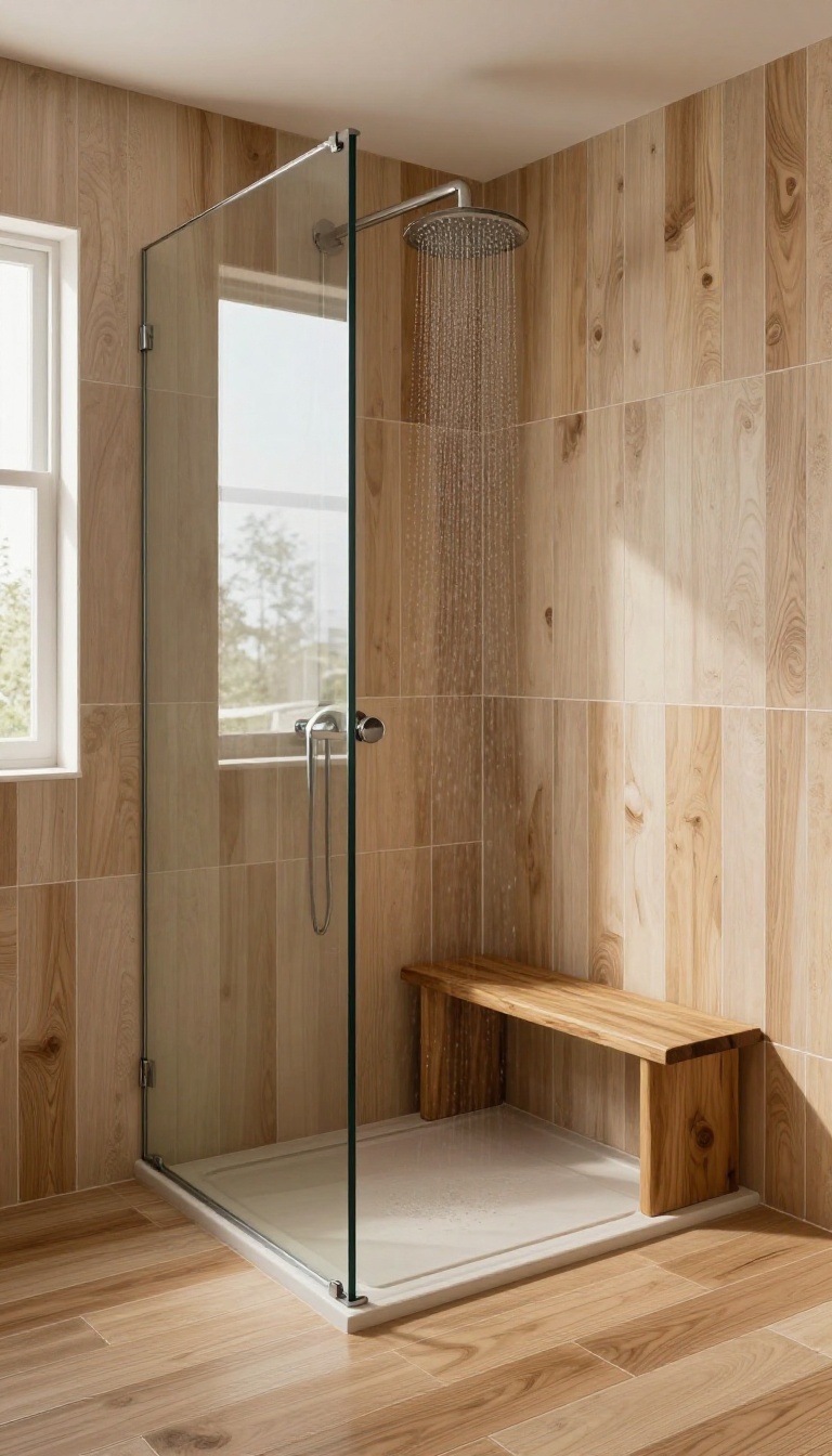 Cabin shower with wood-look porcelain tile in a warm oak finish, featuring a glass enclosure and rainfall showerhead