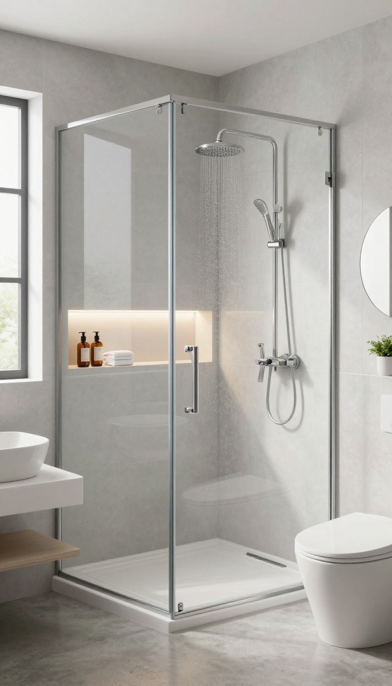 A small bathroom shower with a recessed tile niche holding shampoo bottles and a plant, demonstrating a clean and custom storage solution.