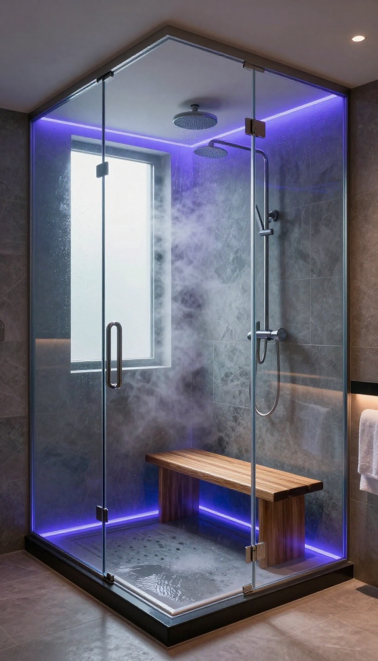 Modern steam shower with chromotherapy lighting in blue and purple tones