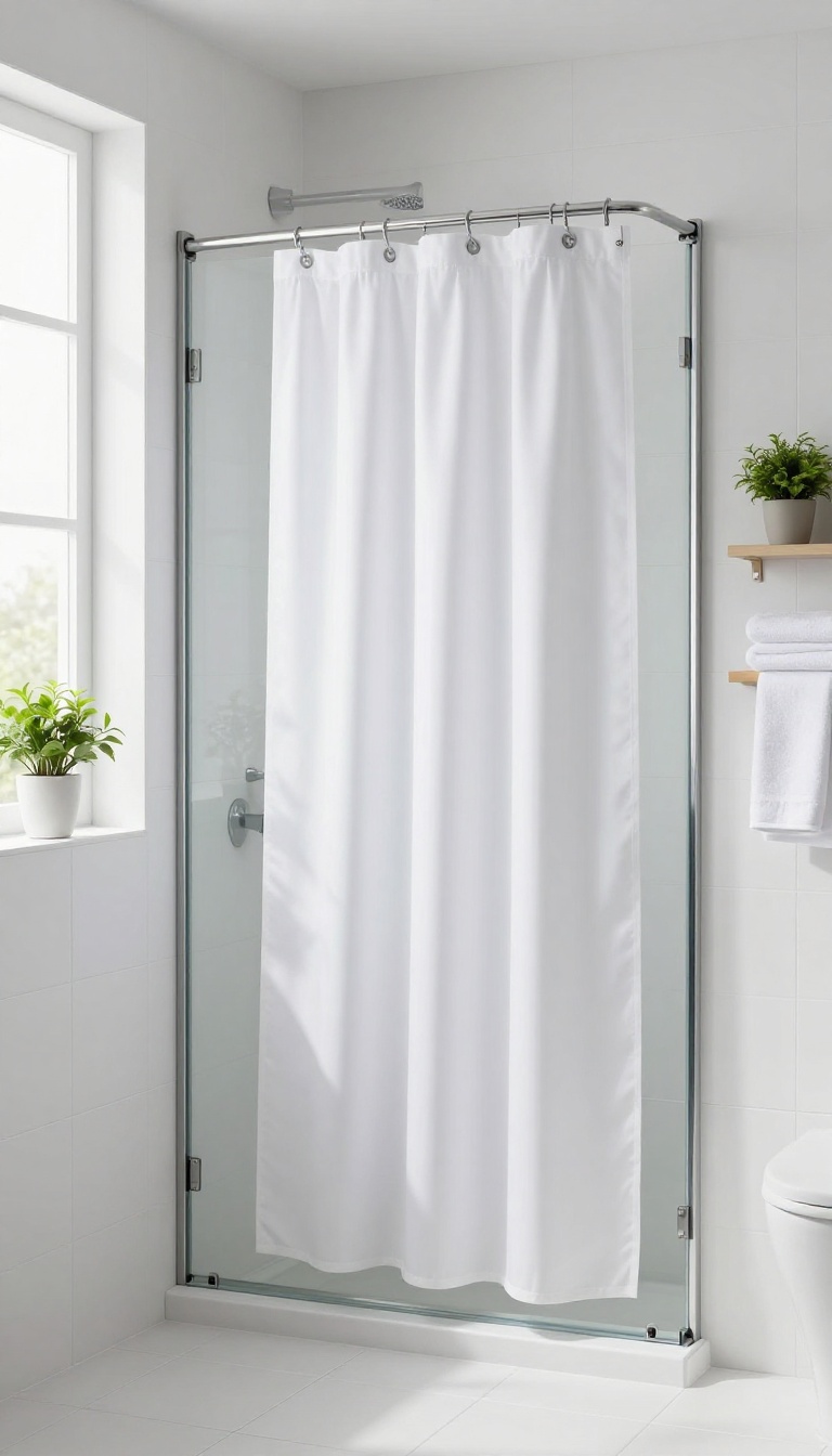 A white magnetic shower curtain securely attached to a glass shower door in a bright, modern bathroom.