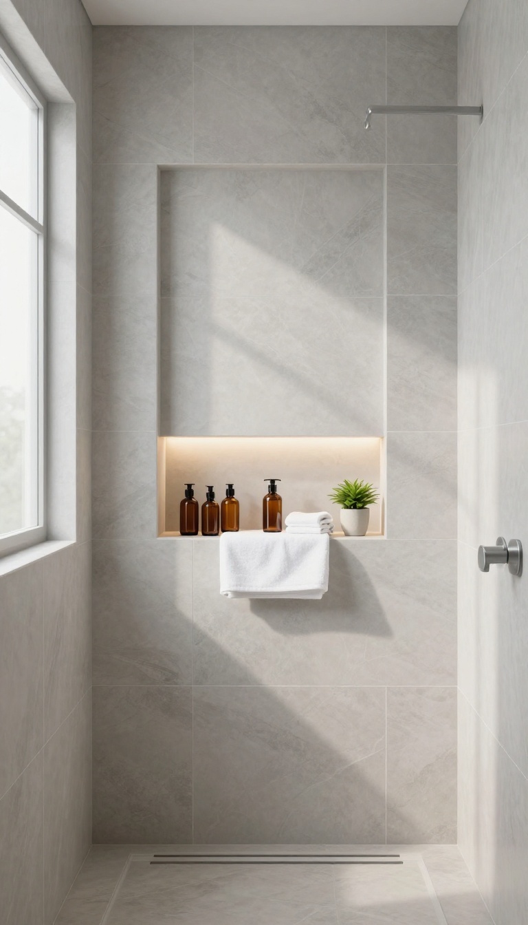 Modern bathroom shower with a built-in niche holding shampoo bottles, a washcloth, and a plant, showcasing organized spa-like storage.
