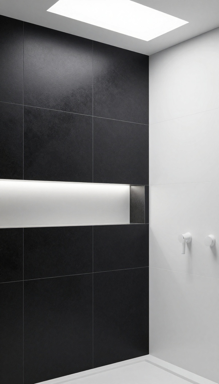 Modern bathroom shower with black feature wall and white accent tiles