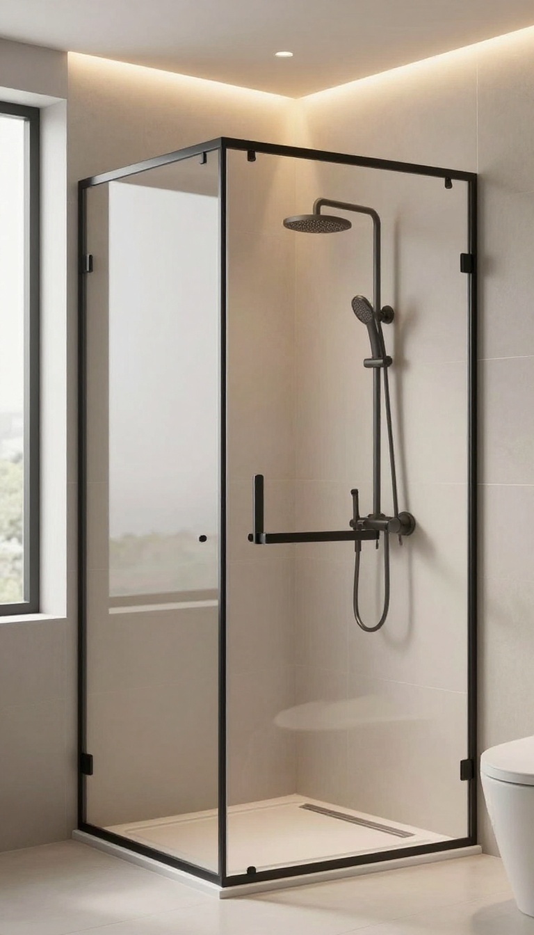 Modern shower with color-changing LED lights in a warm amber glow, creating a calm and cohesive bathroom design.