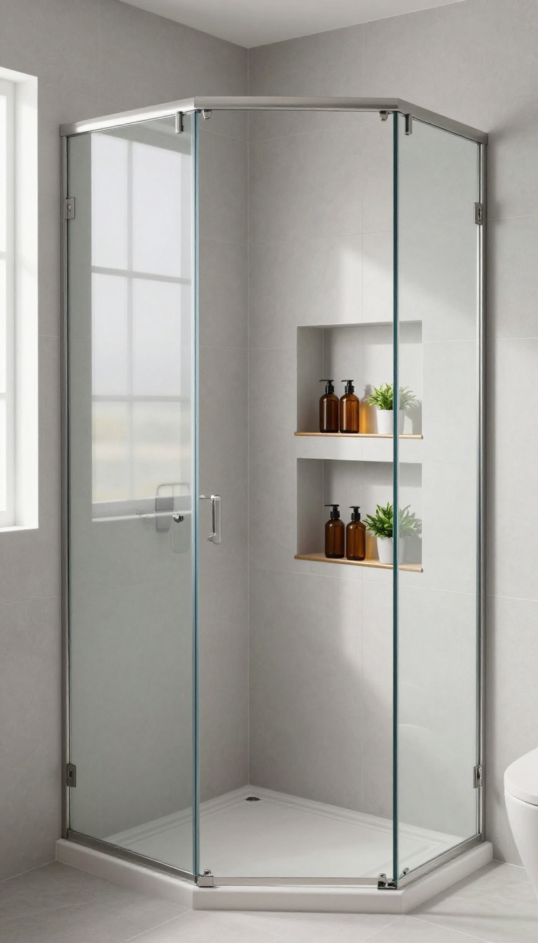 Corner walk-in shower with recessed niche shelving, featuring gray tiles and glass bottles, in a bright bathroom.
