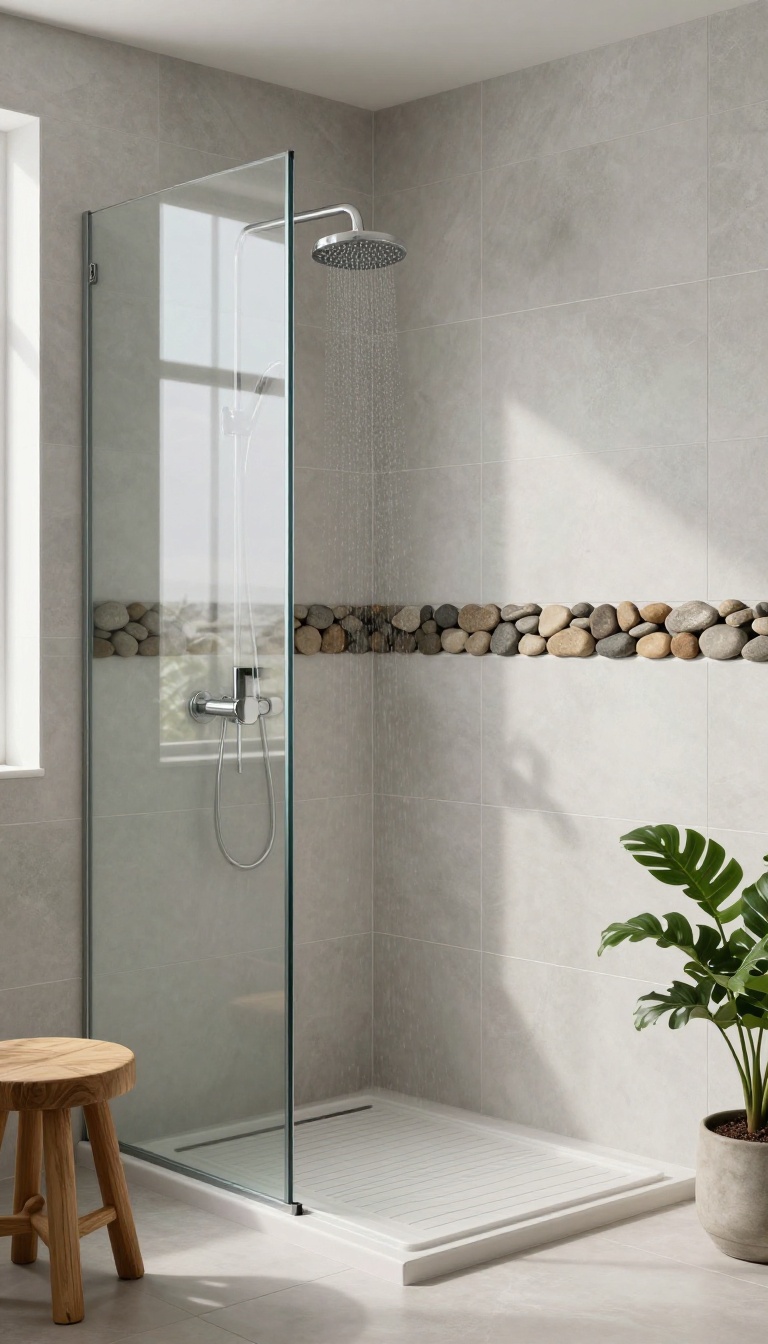 Walk-in shower with large gray tiles and a horizontal river rock border band, bright natural light, spa-like bathroom