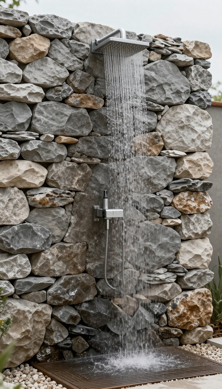 Stone wall outdoor shower with rainfall head in natural light